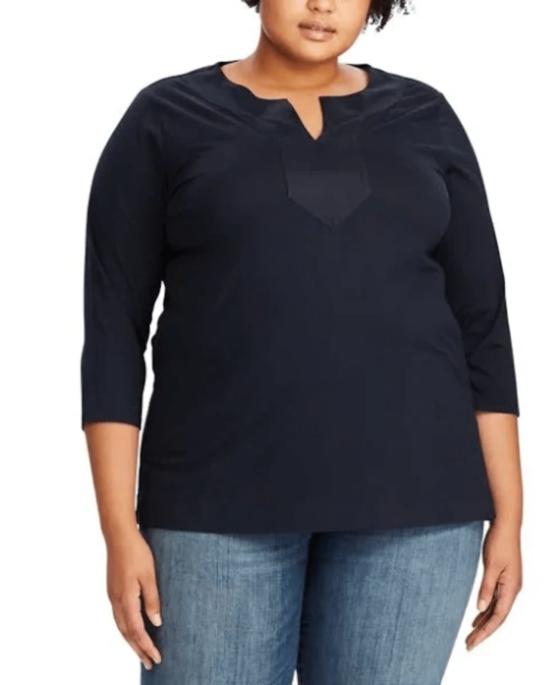 Front of a model wearing a size 3X Ralph Lauren Women's Plus Mixed Media Split Neck Pullover Top Blue Size 3X in Blue by Ralph Lauren. | dia_product_style_image_id:312044